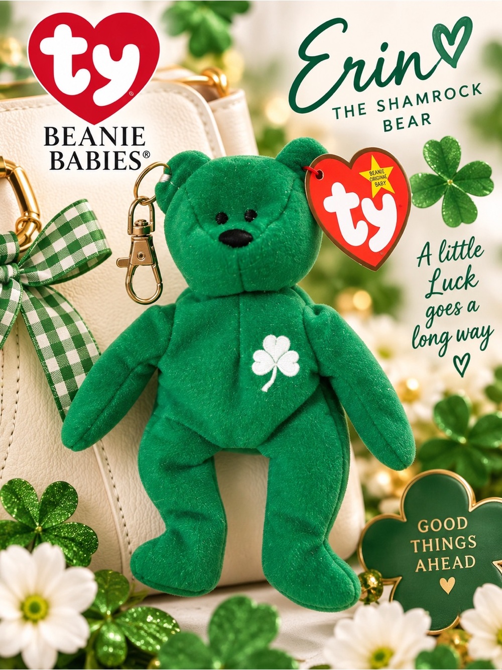 Ty Teenie Beanie Baby Erin - Emerald Green Shamrock Bear Bag Charm NWT